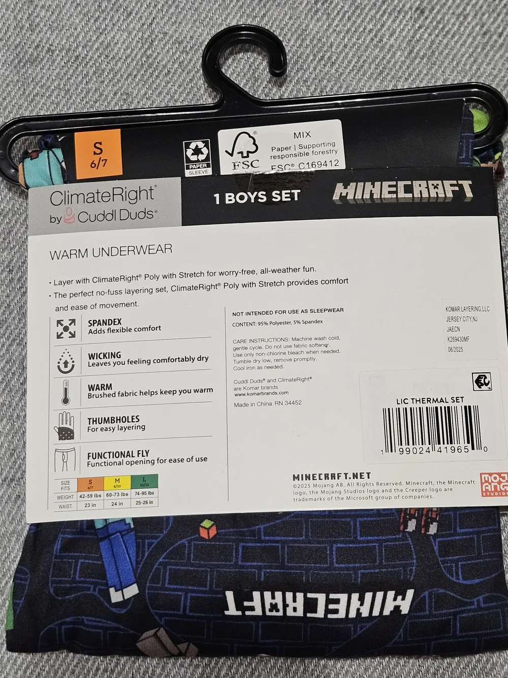 Cuddl Duds Minecraft Boys Thermal Set - Black, Green & Blue